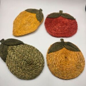 Vintage 70s Fruit Handwoven Abaca Coasters Set Of 4 Mango Apple Pear Orange